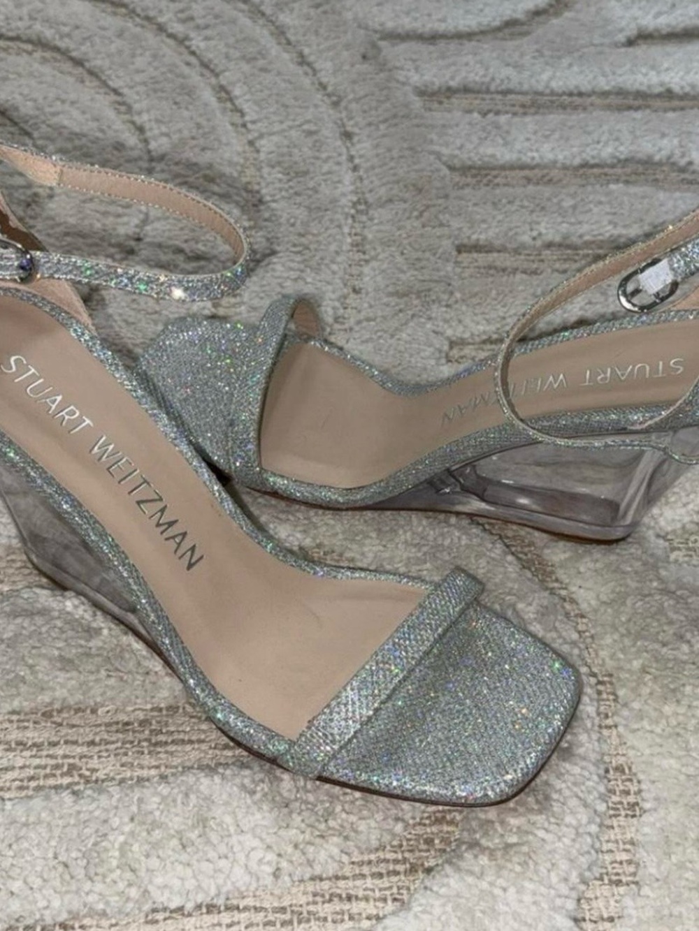 Stuart Weitzman Iridescent Silver Glitter Block Heel Sandals